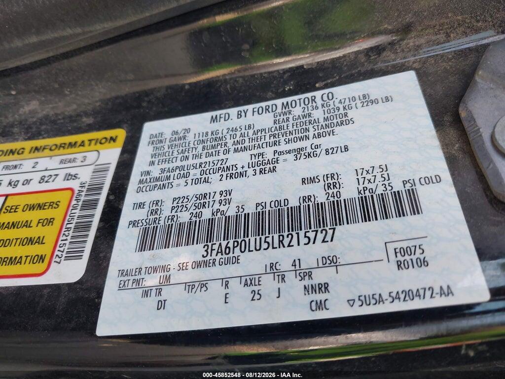 3FA6P0LU5LR215727 2020 FORD FUSION photo no. 9