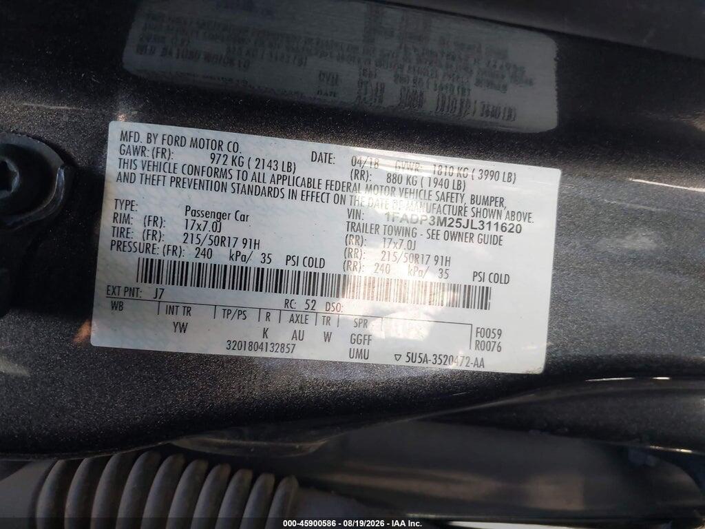 1FADP3M25JL311620 2018 FORD FOCUS photo no. 9