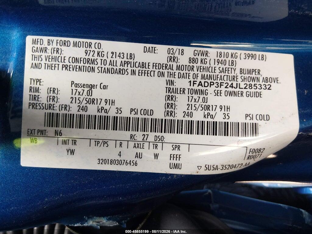 1FADP3F24JL285332 2018 FORD FOCUS photo no. 9