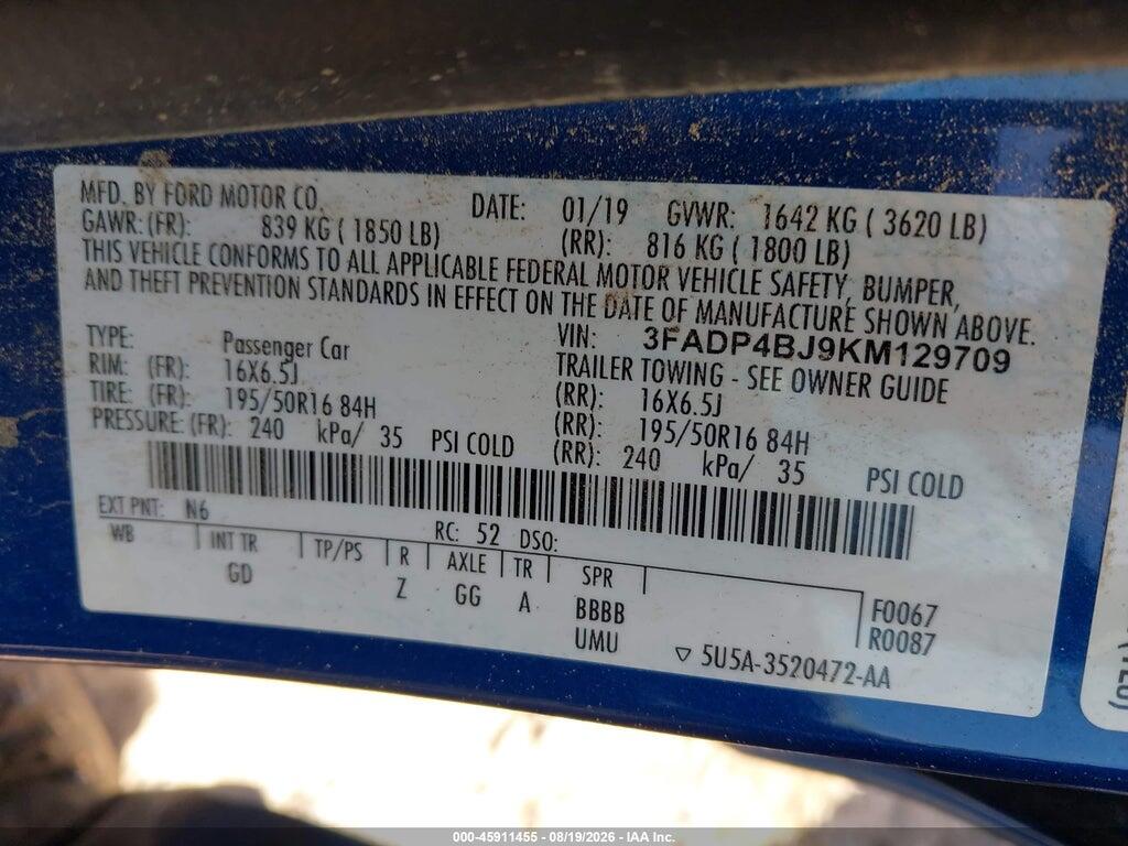3FADP4BJ9KM129709 2019 FORD FIESTA photo no. 9