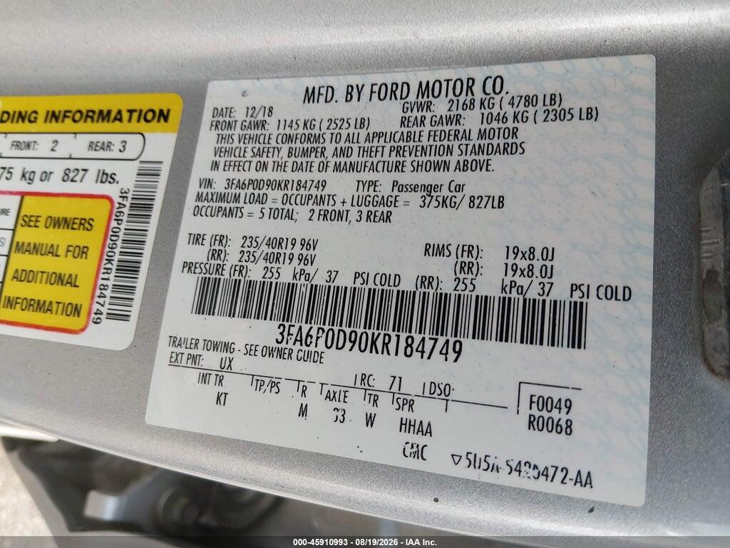 3FA6P0D90KR184749 2019 FORD FUSION photo no. 9