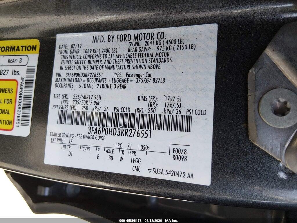 3FA6P0HD3KR276551 2019 FORD FUSION photo no. 9