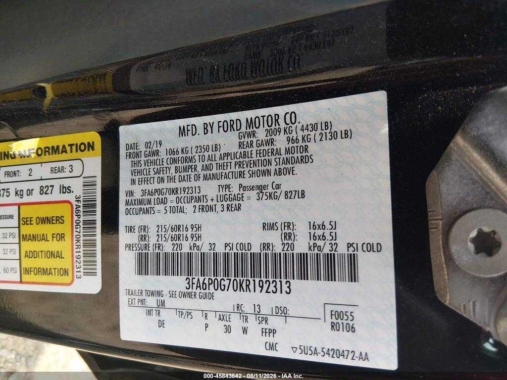 3FA6P0G70KR192313 2019 FORD FUSION photo no. 9