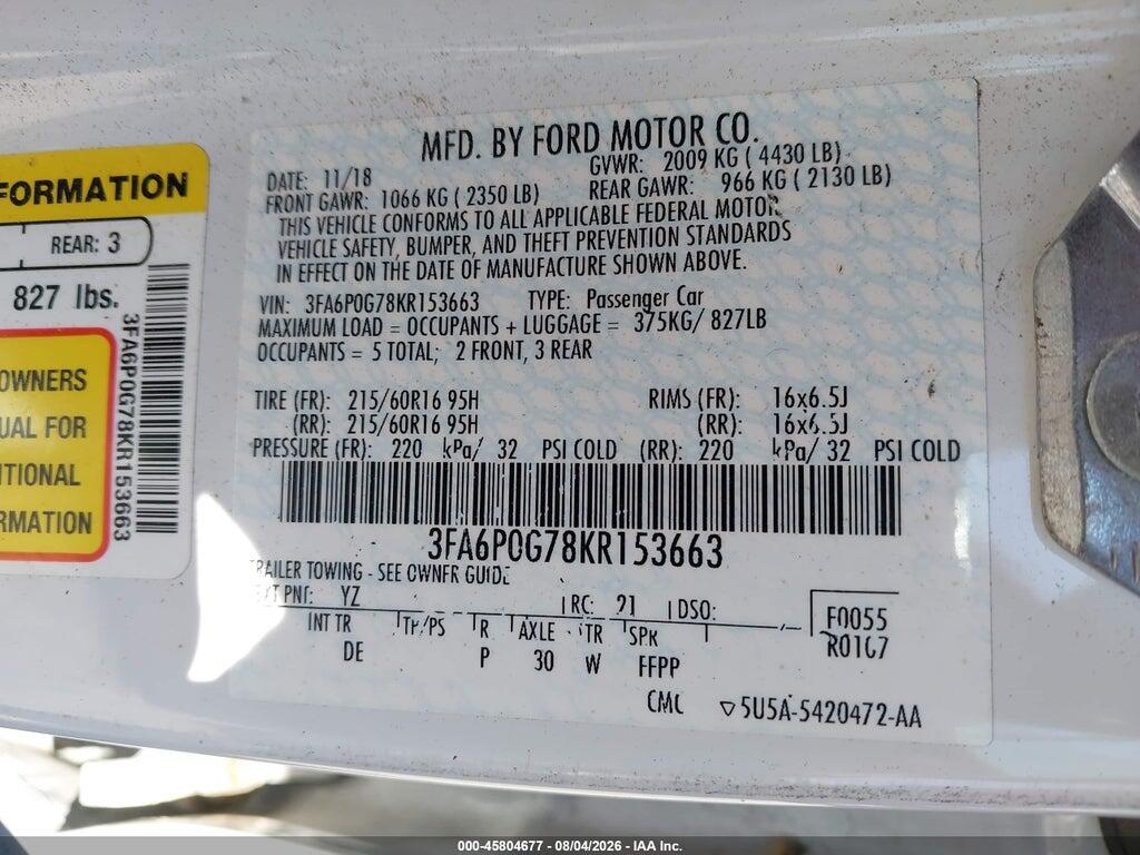 3FA6P0G78KR153663 2019 FORD FUSION photo no. 9