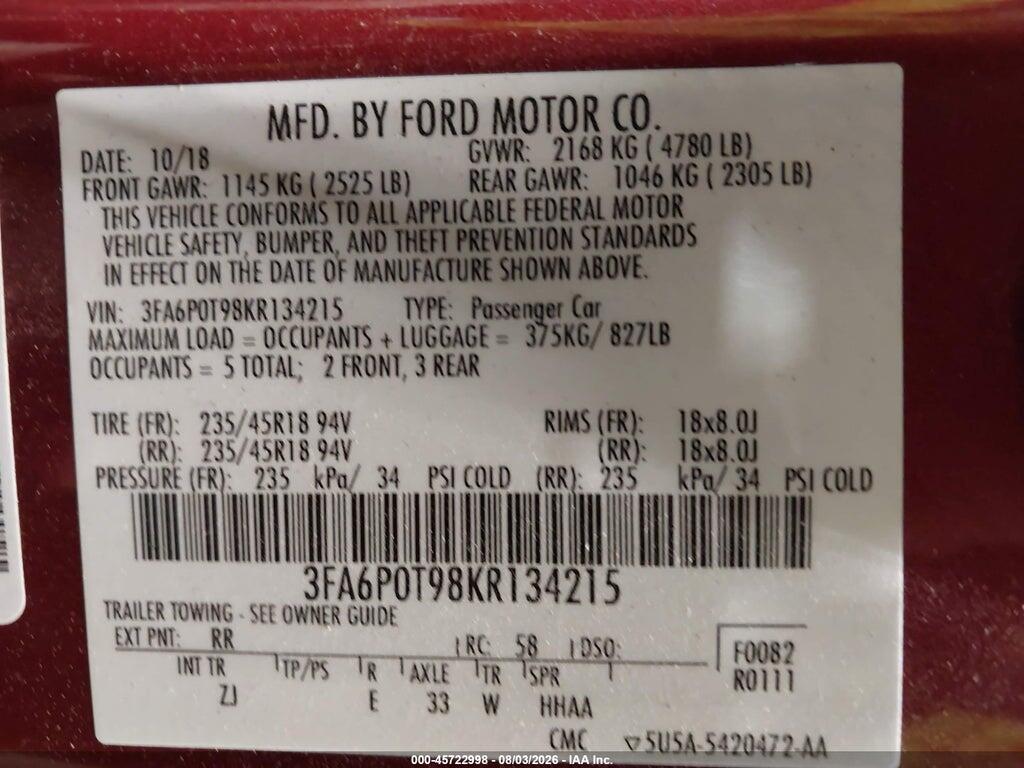 3FA6P0T98KR134215 2019 FORD FUSION photo no. 9