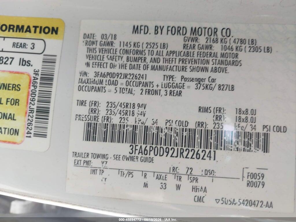 3FA6P0D92JR226241 2018 FORD FUSION photo no. 9