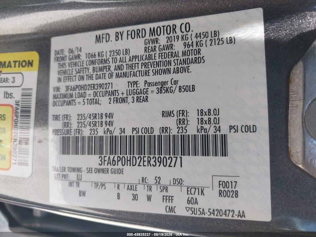3FA6P0HD2ER390271 2014 FORD FUSION photo no. 9