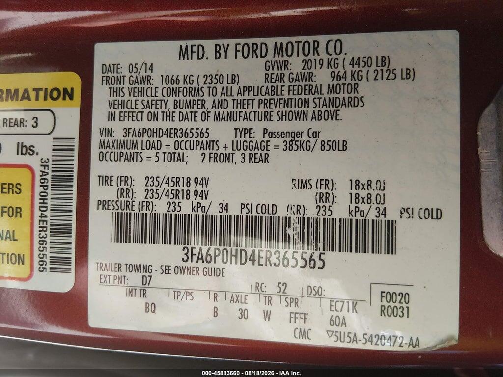 3FA6P0HD4ER365565 2014 FORD FUSION photo no. 9