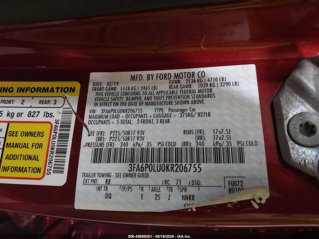 3FA6P0LU0KR206755 2019 FORD FUSION HYBRID photo no. 9