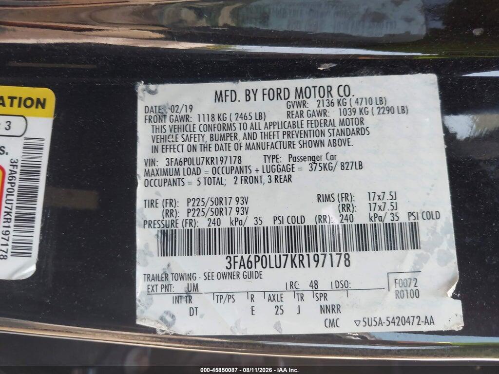 3FA6P0LU7KR197178 2019 FORD FUSION HYBRID photo no. 9