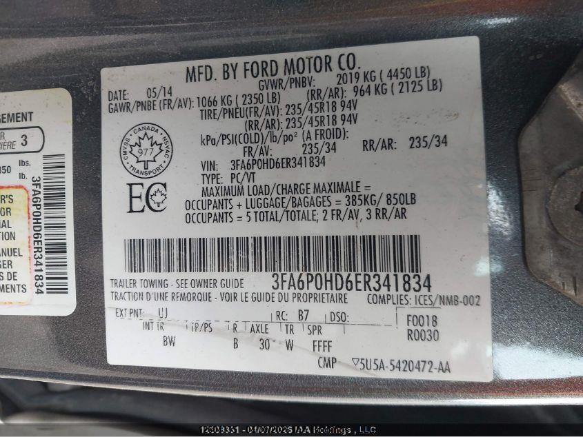 3FA6P0HD6ER341834 2014 FORD FUSION photo no. 9