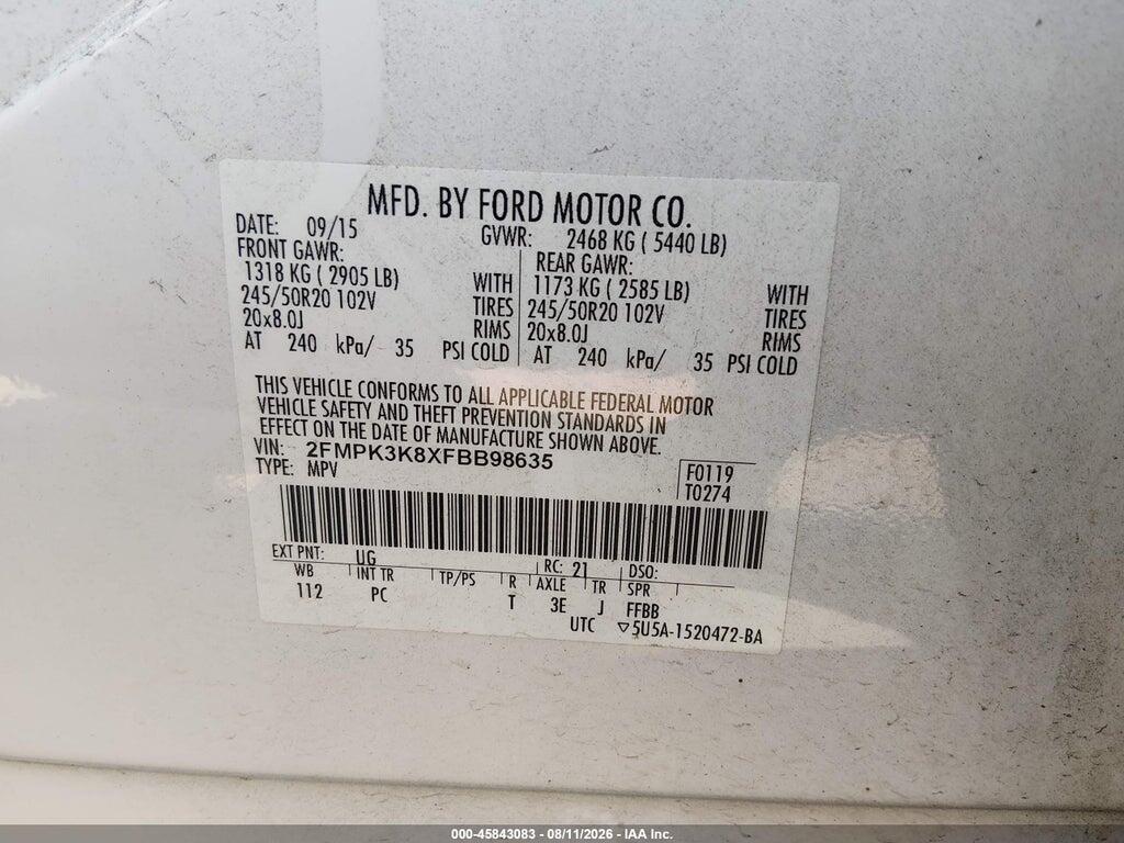 2FMPK3K8XFBB98635 2015 FORD EDGE photo no. 9