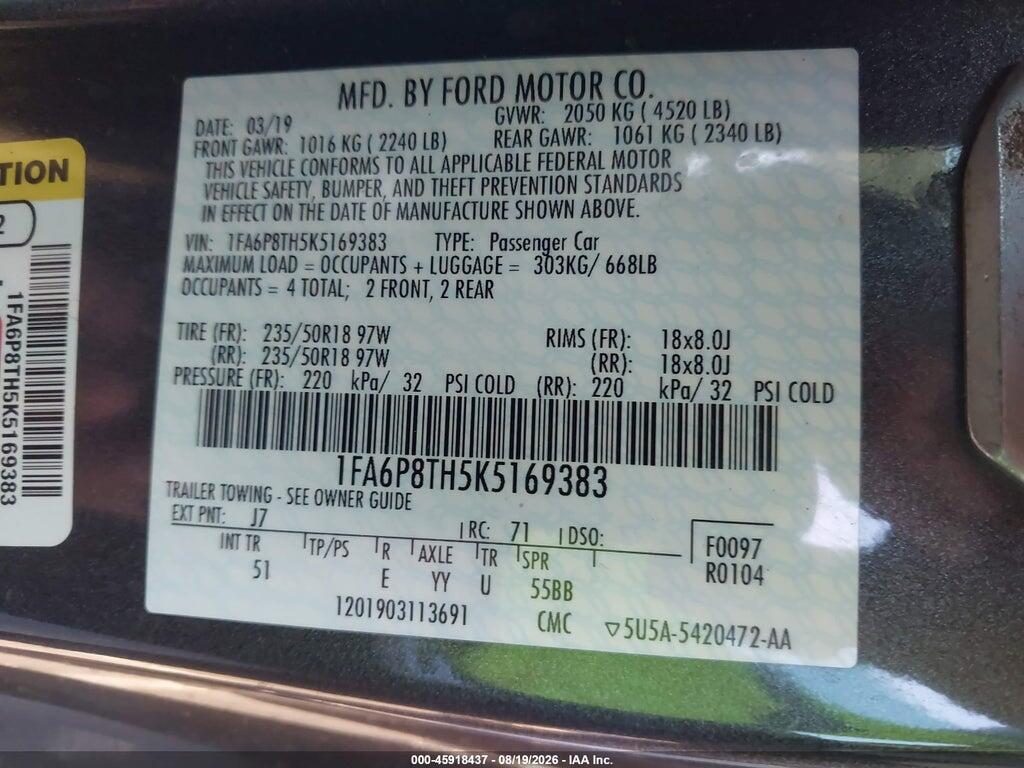 1FA6P8TH5K5169383 2019 FORD MUSTANG photo no. 9