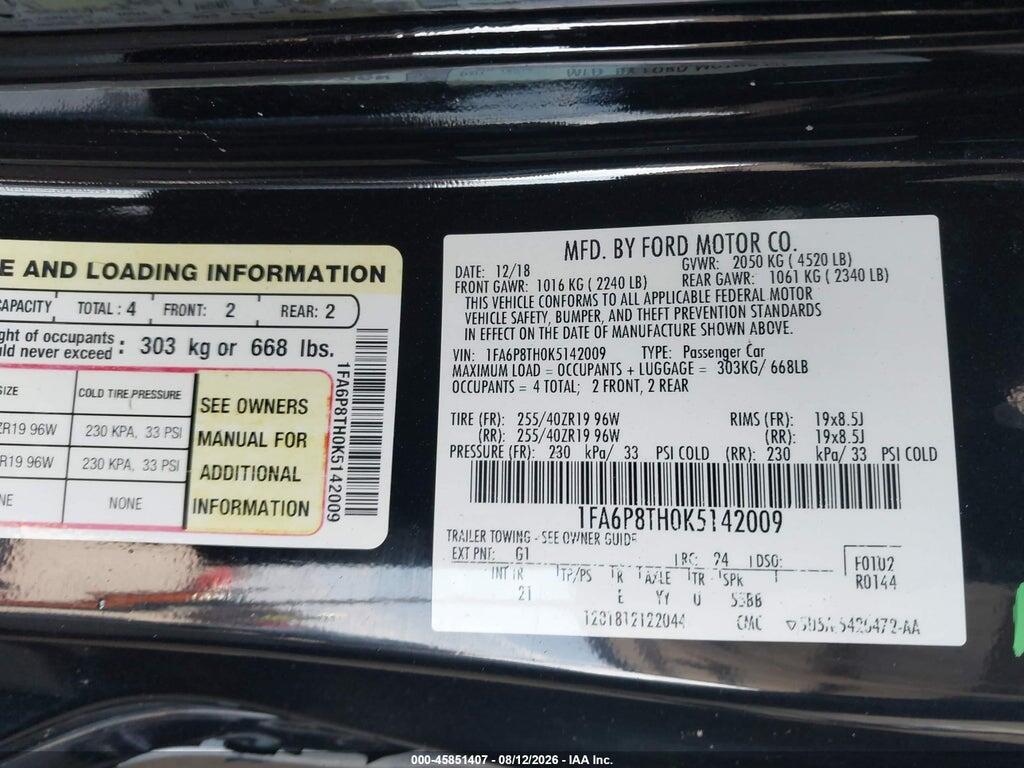 1FA6P8TH0K5142009 2019 FORD MUSTANG photo no. 9