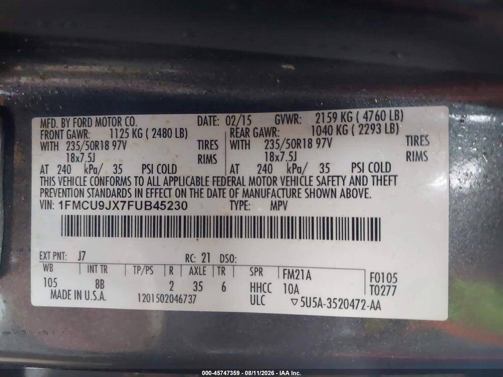 1FMCU9JX7FUB45230 2015 FORD ESCAPE photo no. 9