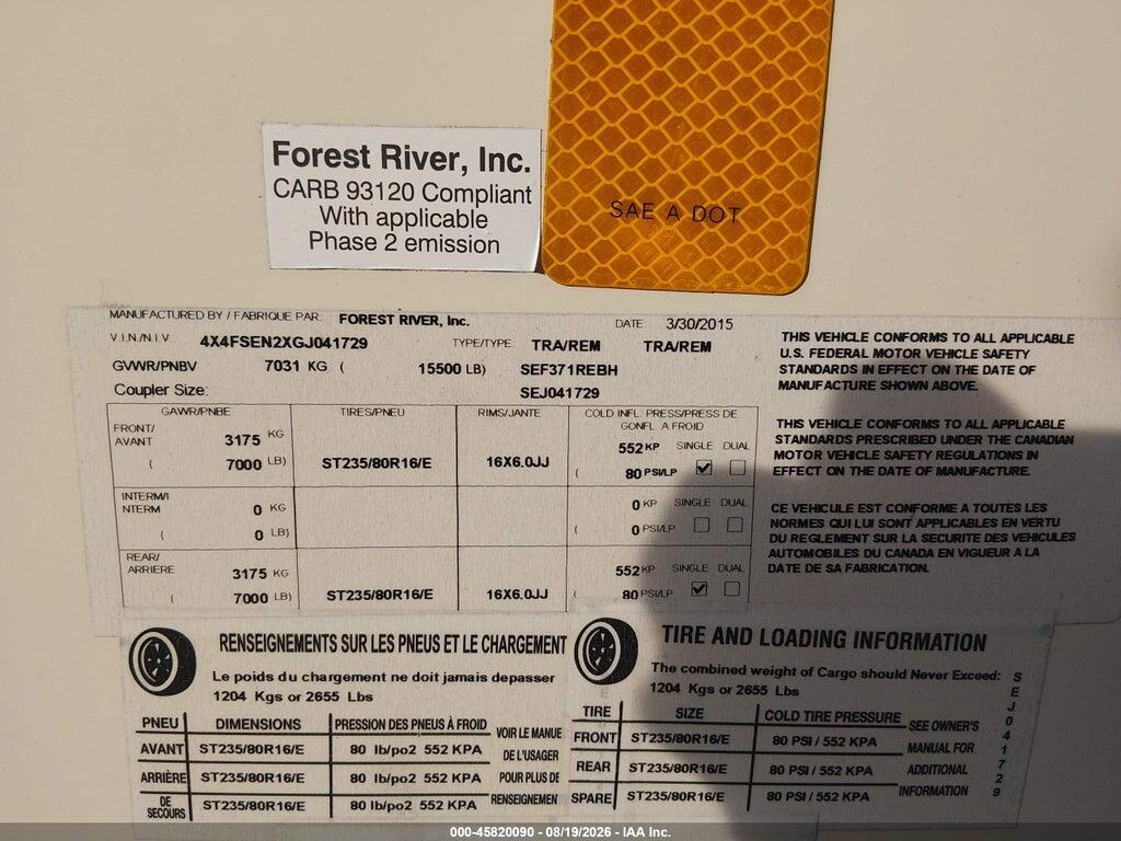4X4FSEN2XGJ041729 2016 FOREST RIVER SIERRA 371 REBH photo no. 9