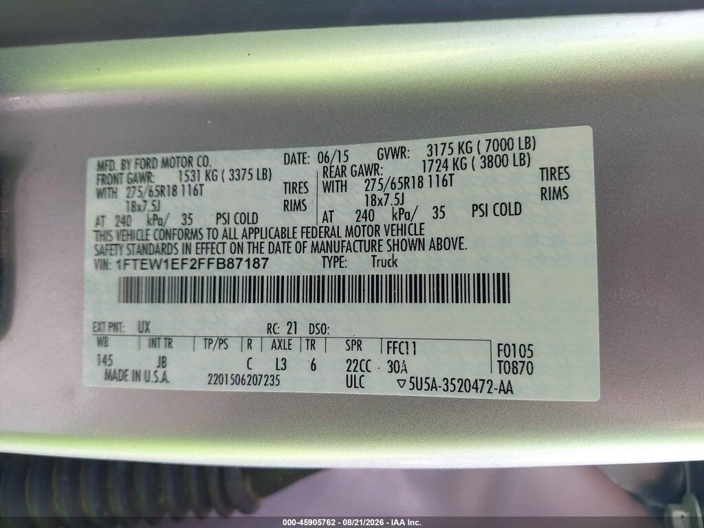 1FTEW1EF2FFB87187 2015 FORD F-150 photo no. 9