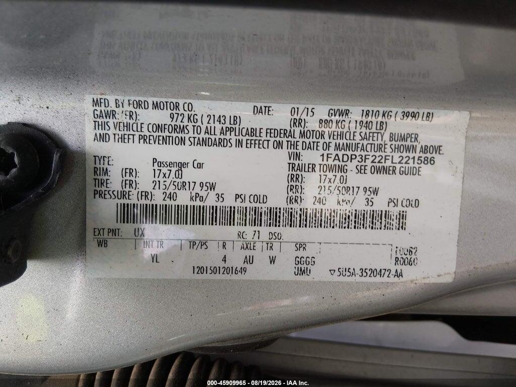 1FADP3F22FL221586 2015 FORD FOCUS photo no. 9