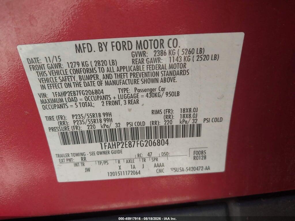1FAHP2E87FG206804 2015 FORD TAURUS photo no. 9