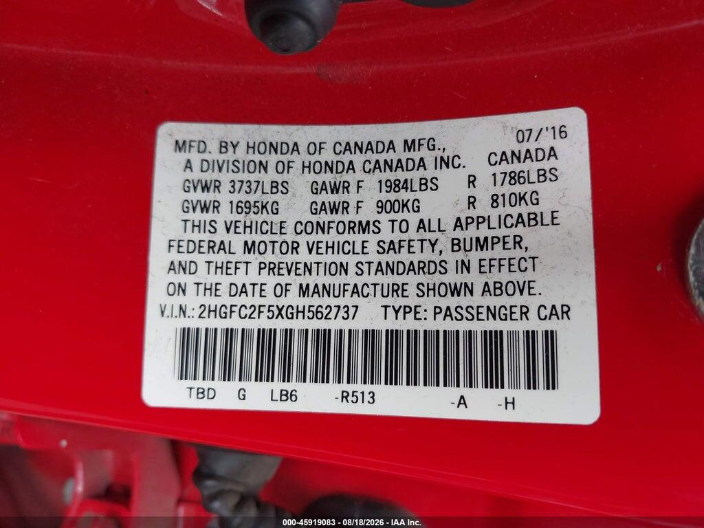 2HGFC2F5XGH562737 2016 HONDA CIVIC photo no. 9
