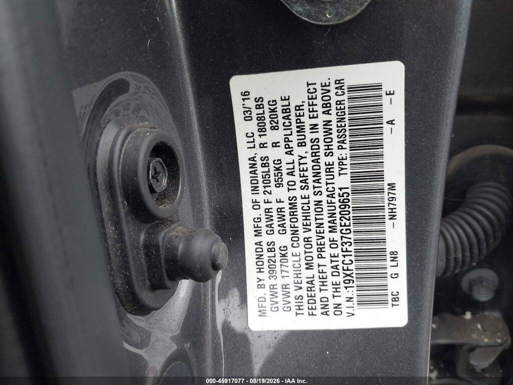19XFC1F37GE209651 2016 HONDA CIVIC photo no. 9