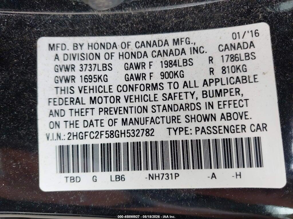 2HGFC2F58GH532782 2016 HONDA CIVIC photo no. 9