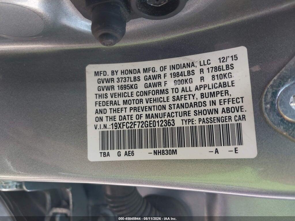 19XFC2F72GE012363 2016 HONDA CIVIC photo no. 9