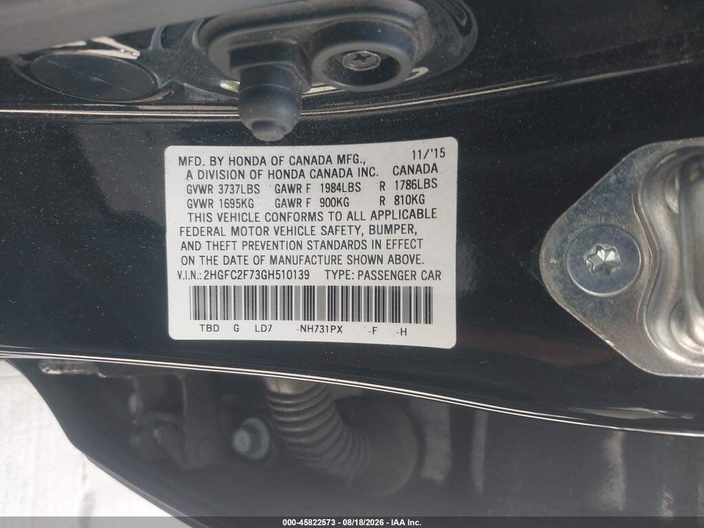 2HGFC2F73GH510139 2016 HONDA CIVIC photo no. 9