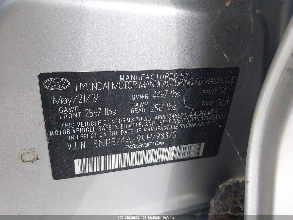 5NPE24AF9KH798370 2019 HYUNDAI SONATA photo no. 9