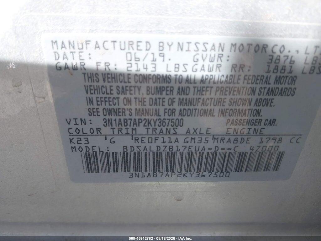 3N1AB7AP2KY367500 2019 NISSAN SENTRA photo no. 9