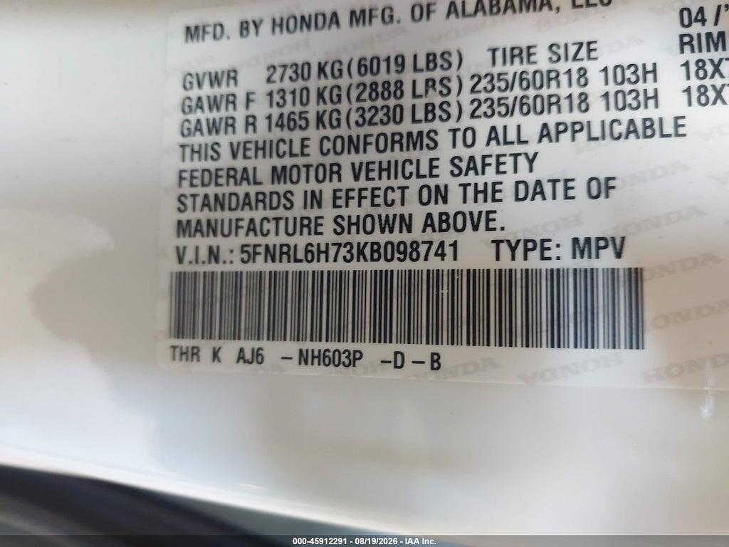 5FNRL6H73KB098741 2019 HONDA ODYSSEY photo no. 9