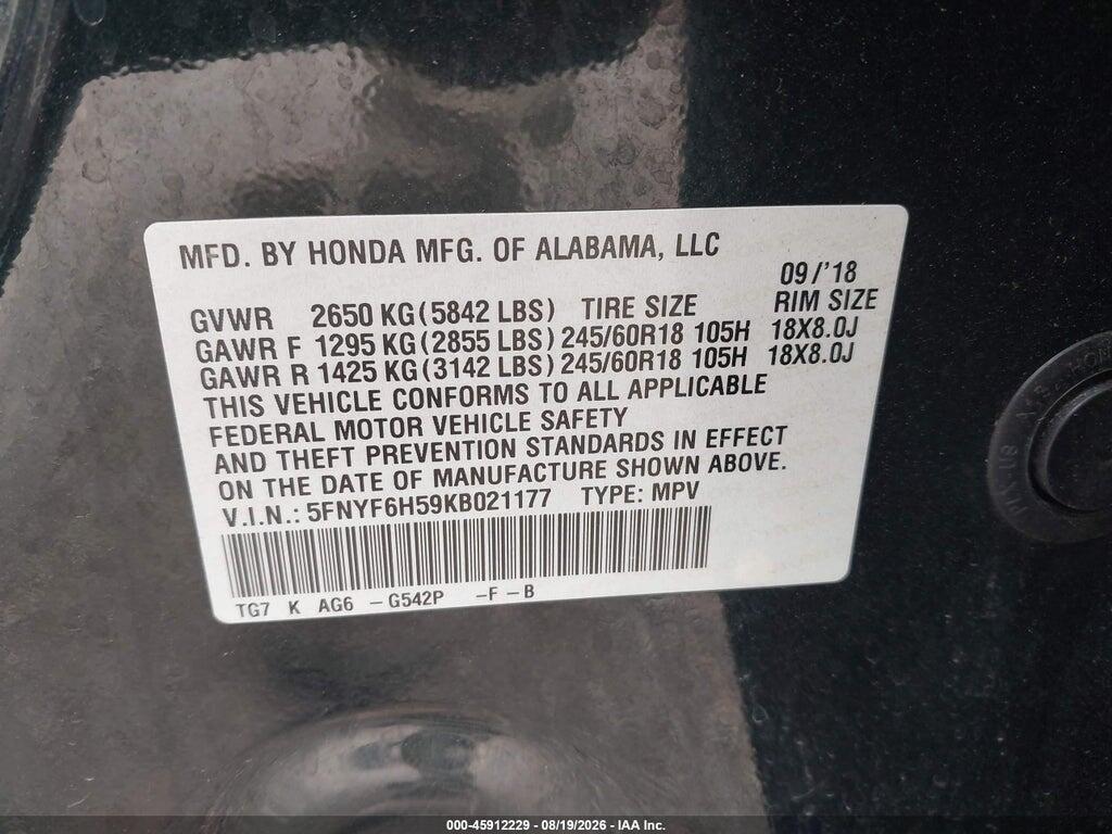 5FNYF6H59KB021177 2019 HONDA PILOT photo no. 9