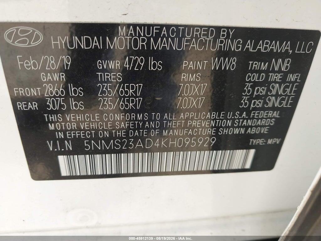 5NMS23AD4KH095929 2019 HYUNDAI SANTA FE photo no. 9