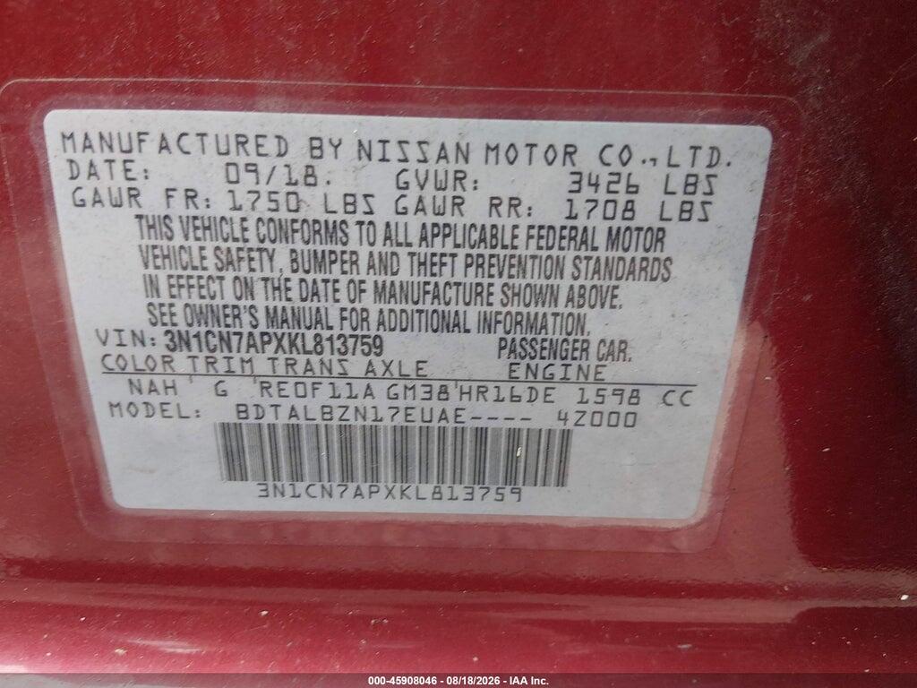 3N1CN7APXKL813759 2019 NISSAN VERSA photo no. 9