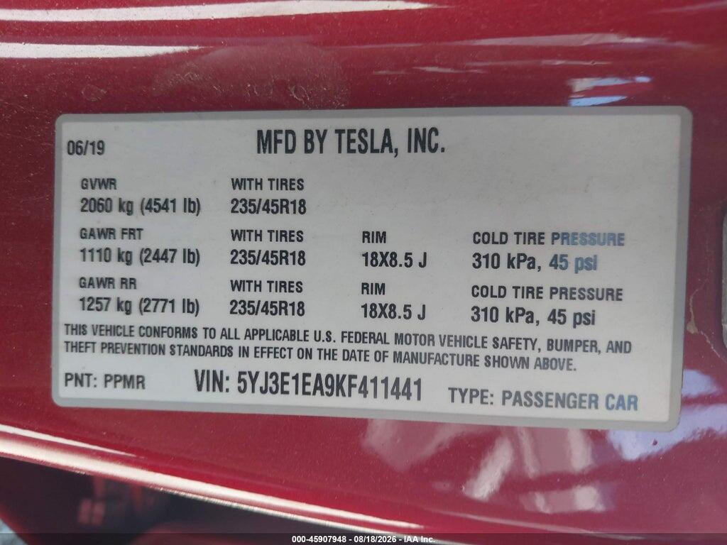 5YJ3E1EA9KF411441 2019 TESLA MODEL 3 photo no. 9