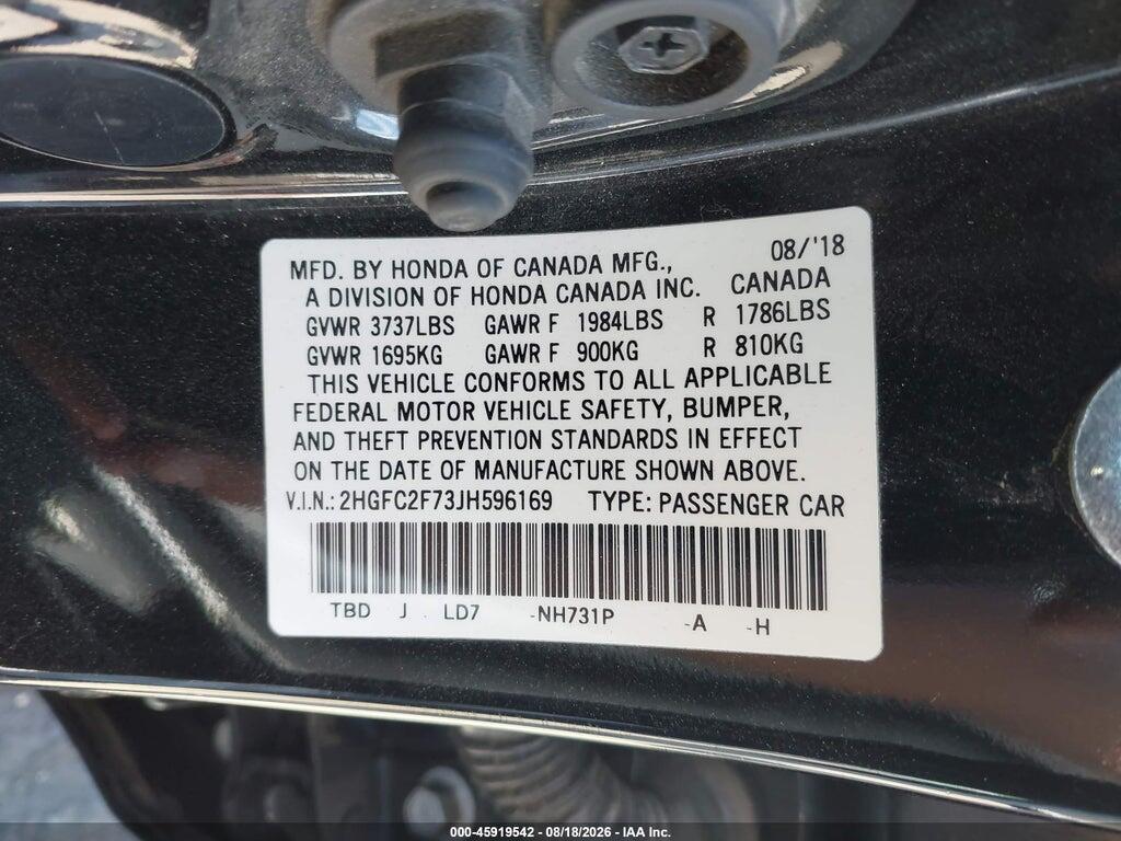 2HGFC2F73JH596169 2018 HONDA CIVIC photo no. 9