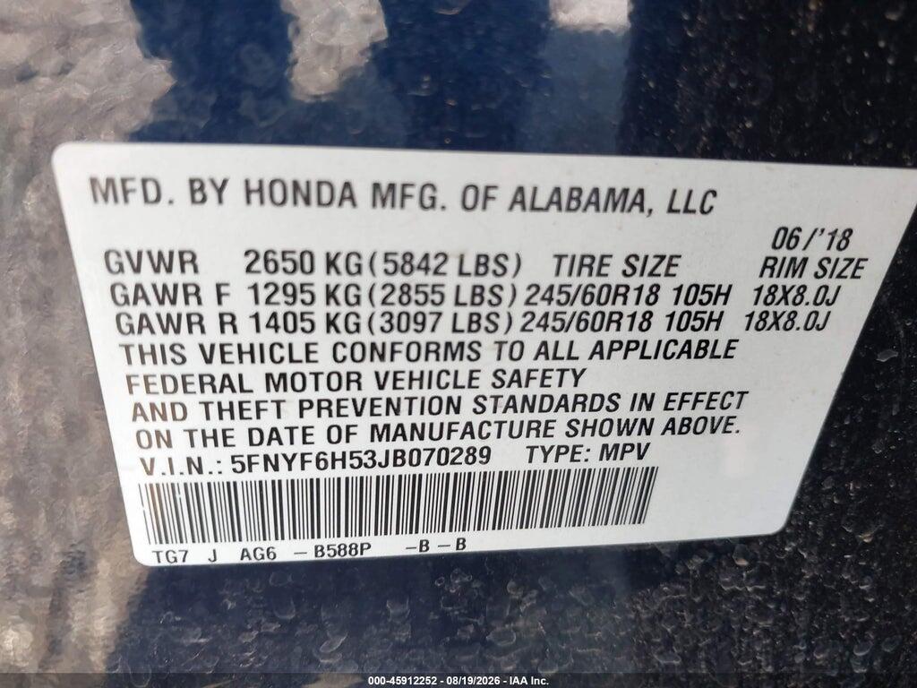 5FNYF6H53JB070289 2018 HONDA PILOT photo no. 9