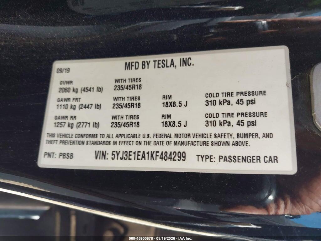 5YJ3E1EA1KF484299 2019 TESLA MODEL 3 photo no. 9