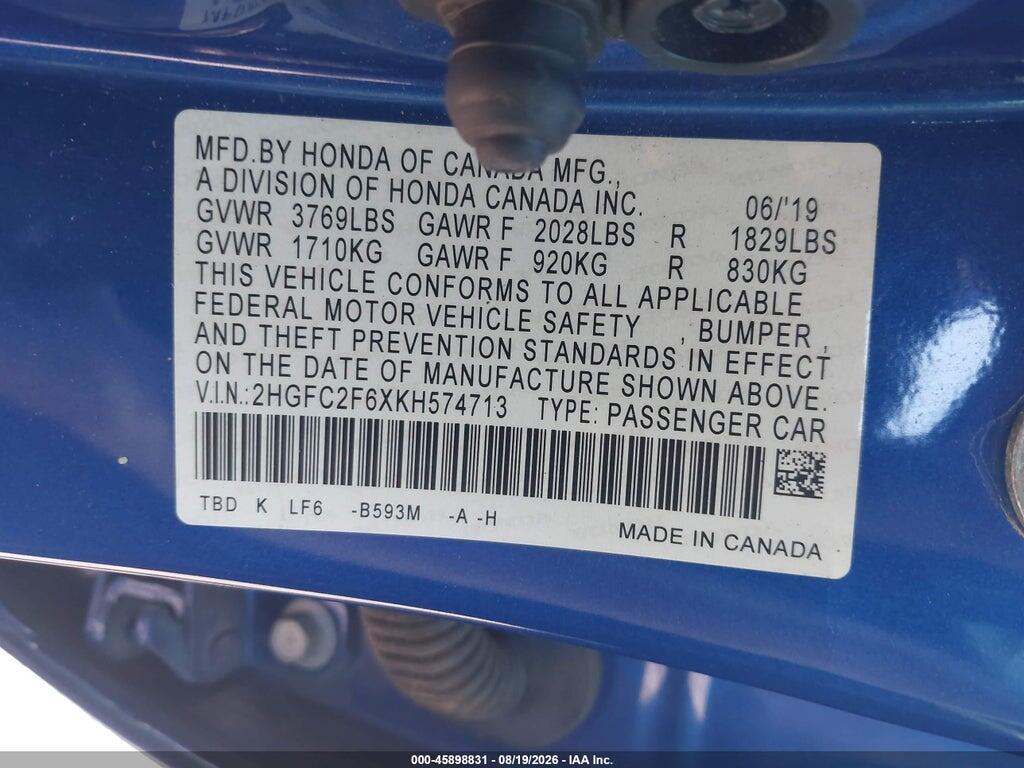 2HGFC2F6XKH574713 2019 HONDA CIVIC photo no. 9