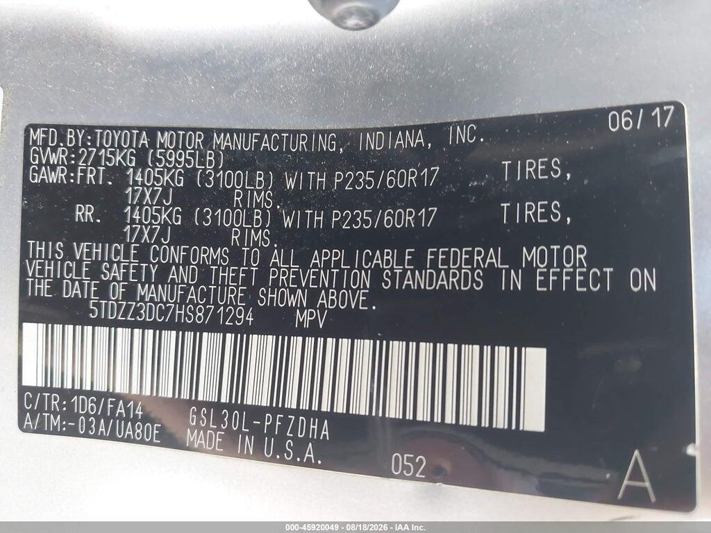5TDZZ3DC7HS871294 2017 TOYOTA SIENNA photo no. 9