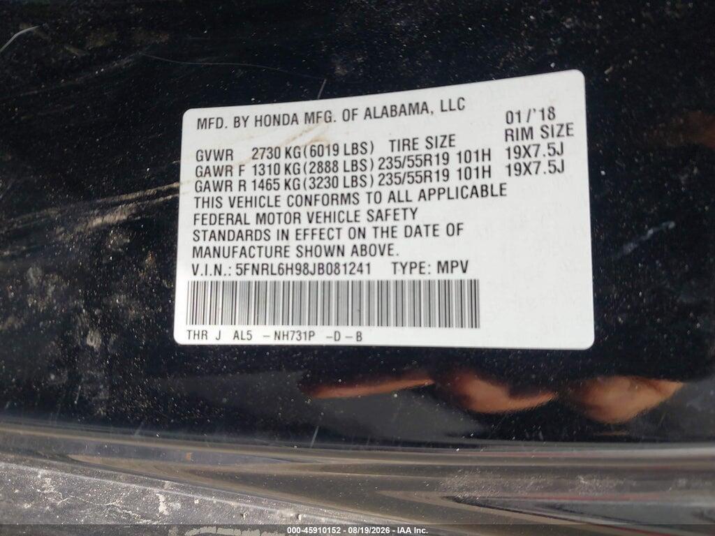 5FNRL6H98JB081241 2018 HONDA ODYSSEY photo no. 9