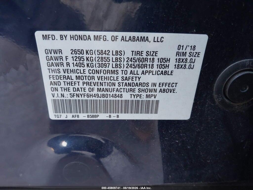 5FNYF6H49JB014848 2018 HONDA PILOT photo no. 9