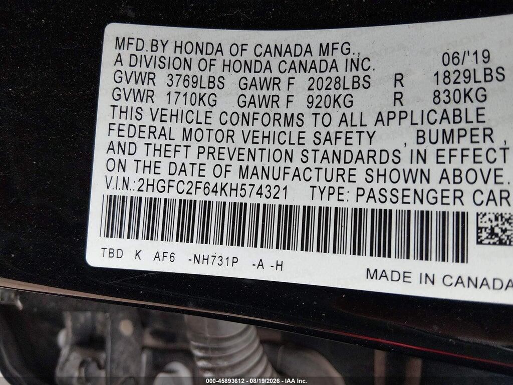 2HGFC2F64KH574321 2019 HONDA CIVIC photo no. 9