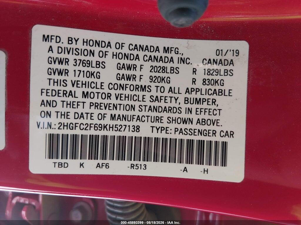 2HGFC2F69KH527138 2019 HONDA CIVIC photo no. 9