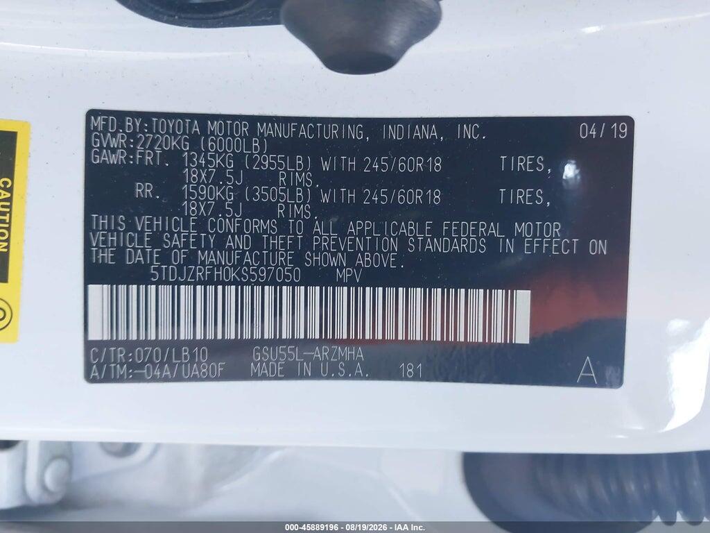 5TDJZRFH0KS597050 2019 TOYOTA HIGHLANDER photo no. 9