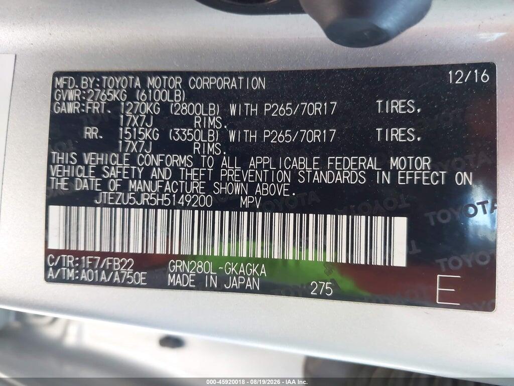 JTEZU5JR5H5149200 2017 TOYOTA 4RUNNER photo no. 9