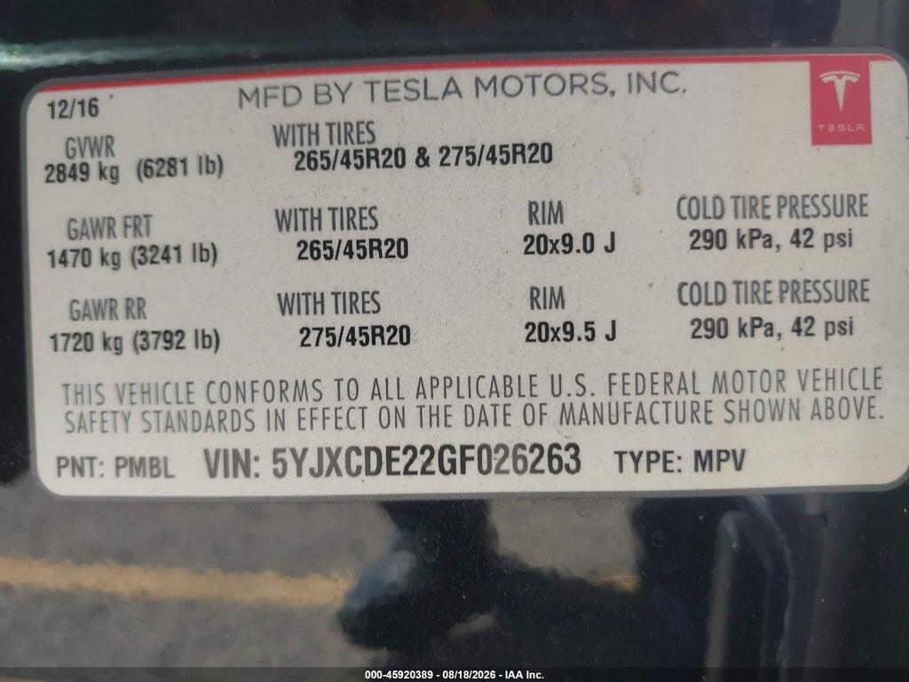 5YJXCDE22GF026263 2016 TESLA MODEL X photo no. 9