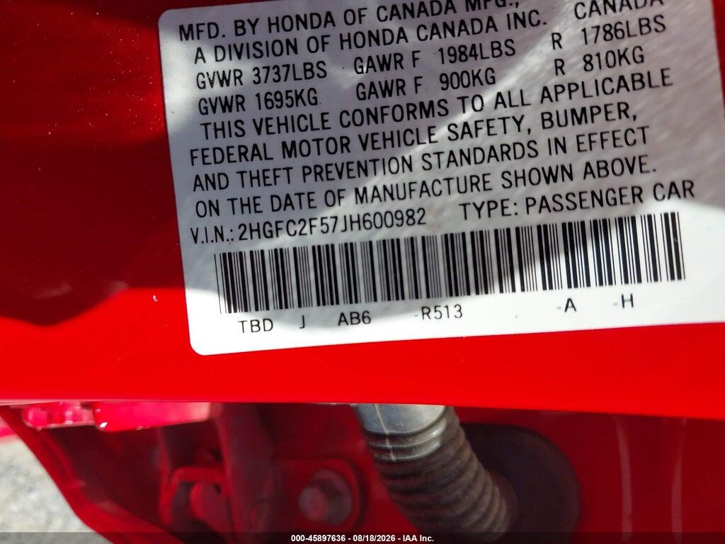 2HGFC2F57JH600982 2018 HONDA CIVIC photo no. 9