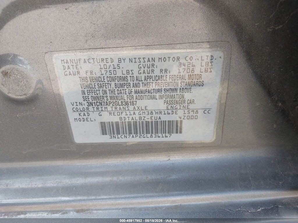 3N1CN7AP2GL836167 2016 NISSAN VERSA photo no. 8