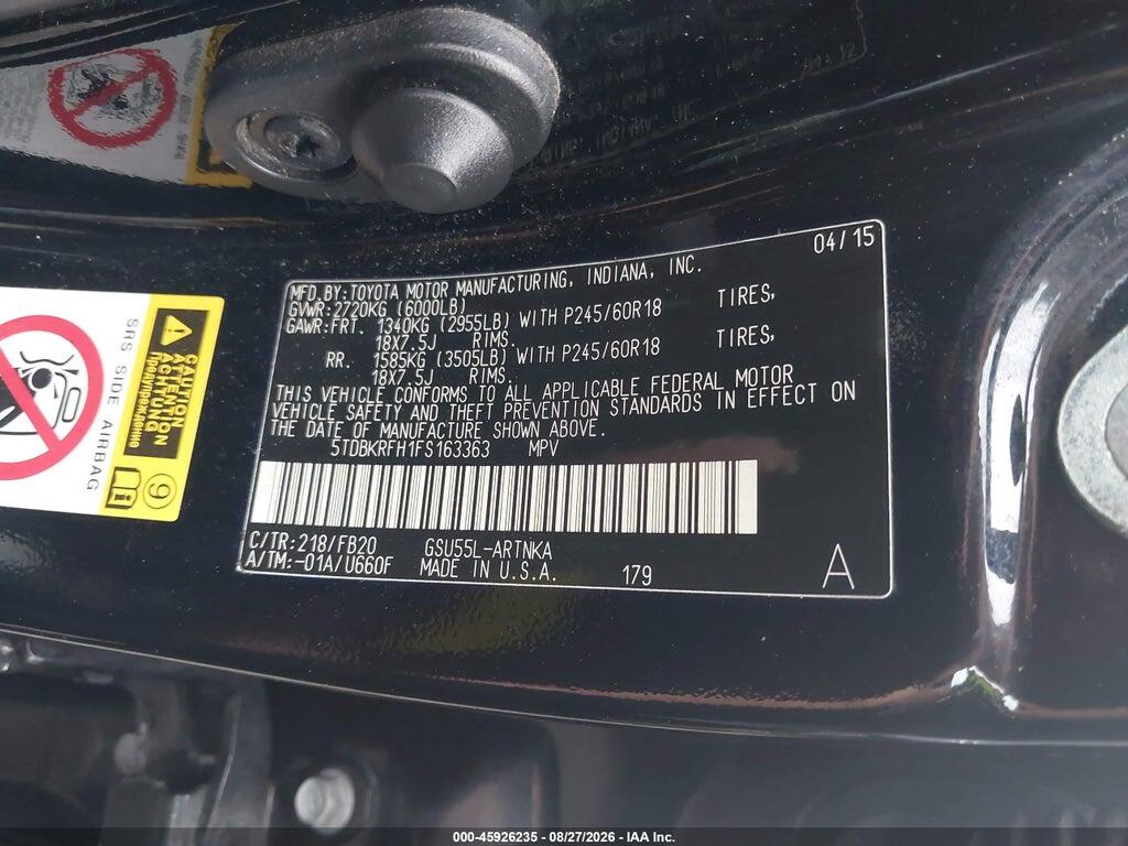 5TDBKRFH1FS163363 2015 TOYOTA HIGHLANDER photo no. 9